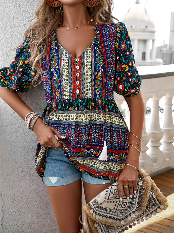 Blouses- Women's Tie V-Neck Loose Blouse in Floral Print- - Pekosa Women Fashion