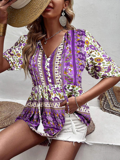 Blouses- Women's Tie V-Neck Loose Blouse in Floral Print- - Pekosa Women Fashion