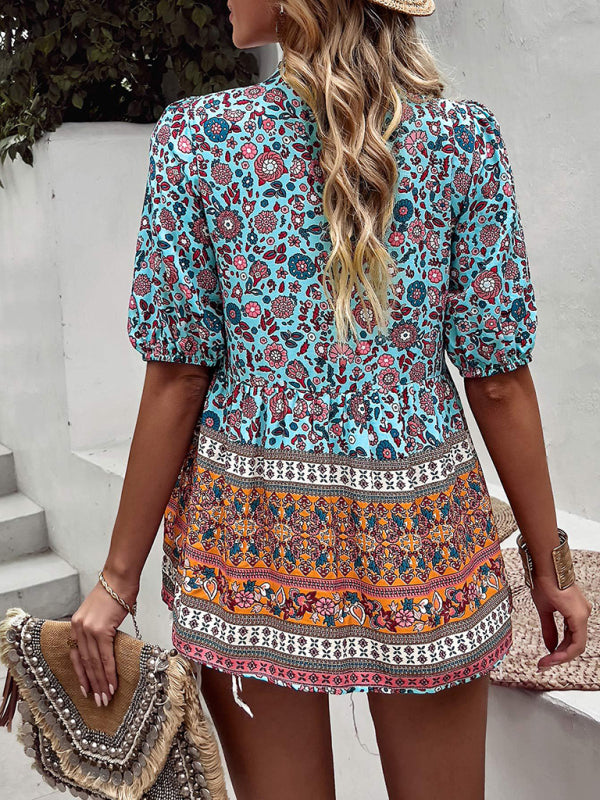 Blouses- Women's Tie V-Neck Loose Blouse in Floral Print- - Pekosa Women Fashion
