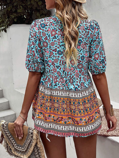 Blouses- Women's Tie V-Neck Loose Blouse in Floral Print- - Pekosa Women Fashion