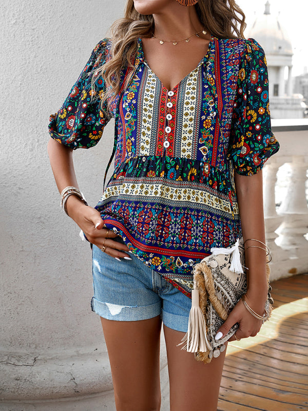 Blouses- Women's Tie V-Neck Loose Blouse in Floral Print- - Pekosa Women Fashion