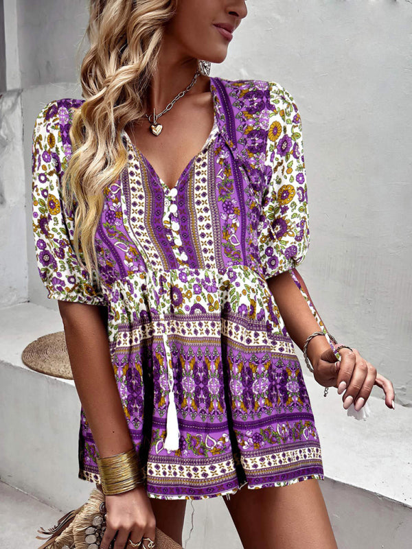 Blouses- Women's Tie V-Neck Loose Blouse in Floral Print- - Pekosa Women Fashion