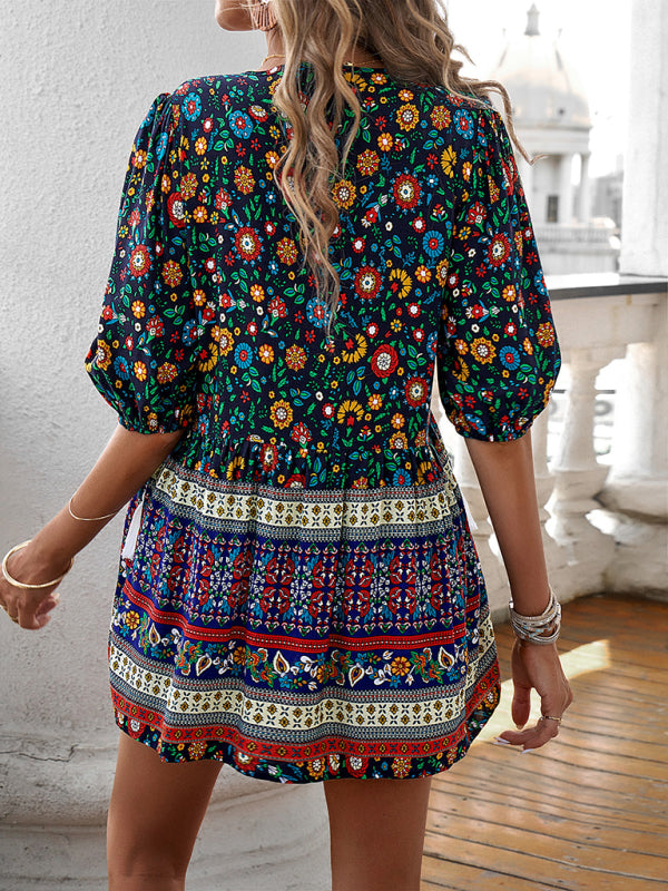 Blouses- Women's Tie V-Neck Loose Blouse in Floral Print- - Pekosa Women Fashion