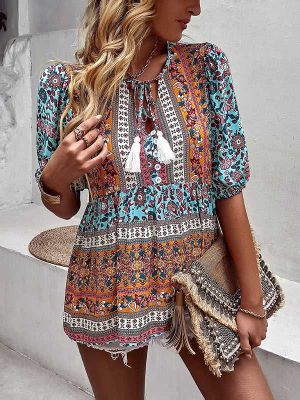Blouses- Women's Tie V-Neck Loose Blouse in Floral Print- - Pekosa Women Fashion