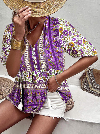 Blouses- Women's Tie V-Neck Loose Blouse in Floral Print- - Pekosa Women Fashion