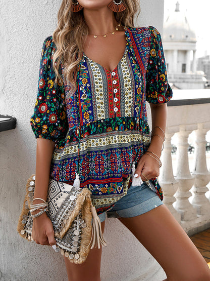 Blouses- Women's Tie V-Neck Loose Blouse in Floral Print- - Pekosa Women Fashion