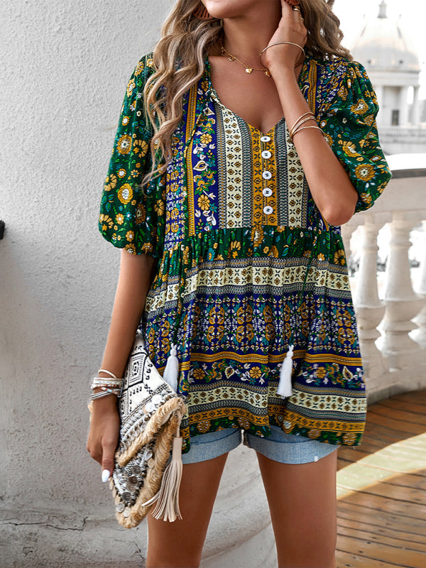 Blouses- Women's Tie V-Neck Loose Blouse in Floral Print- - Pekosa Women Fashion