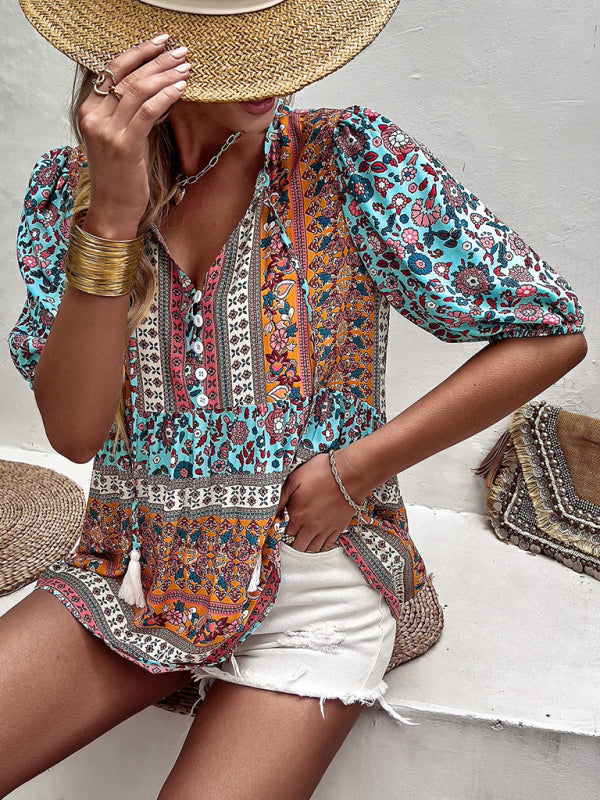 Blouses- Women's Tie V-Neck Loose Blouse in Floral Print- - Pekosa Women Fashion