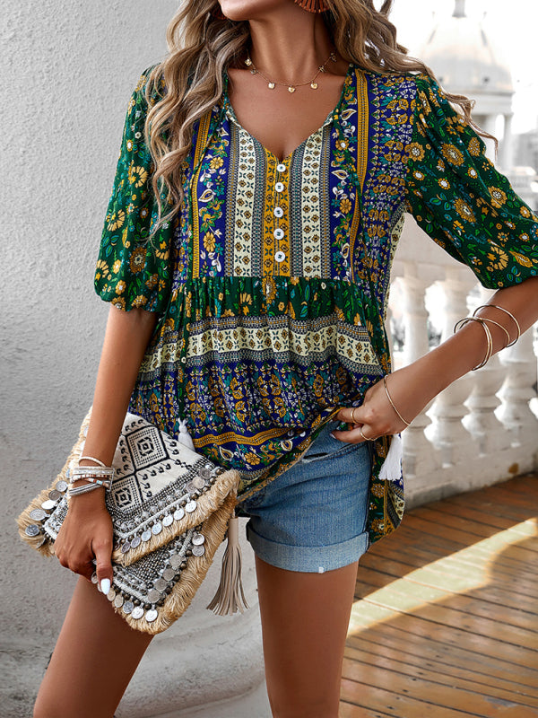 Blouses- Women's Tie V-Neck Loose Blouse in Floral Print- - Pekosa Women Fashion