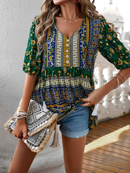 Blouses- Women's Tie V-Neck Loose Blouse in Floral Print- - Pekosa Women Fashion