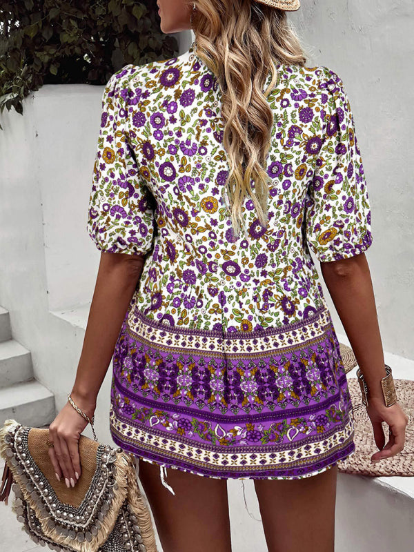 Blouses- Women's Tie V-Neck Loose Blouse in Floral Print- - Pekosa Women Fashion