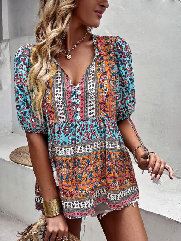 Blouses- Women's Tie V-Neck Loose Blouse in Floral Print- - Pekosa Women Fashion