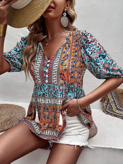 Blouses- Women's Tie V-Neck Loose Blouse in Floral Print- Sky blue azure- Pekosa Women Fashion