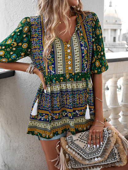 Blouses- Women's Tie V-Neck Loose Blouse in Floral Print- Green- Pekosa Women Fashion