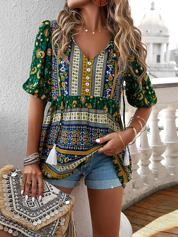 Blouses- Women's Tie V-Neck Loose Blouse in Floral Print- - Pekosa Women Fashion