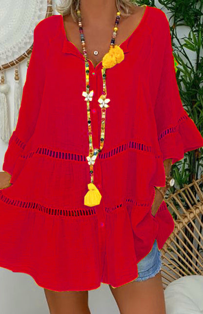 Blouses- Women's Vacation: Oversized Button-Down 3/4 Sleeves Cotton Shirt- Red- Pekosa Women Clothing