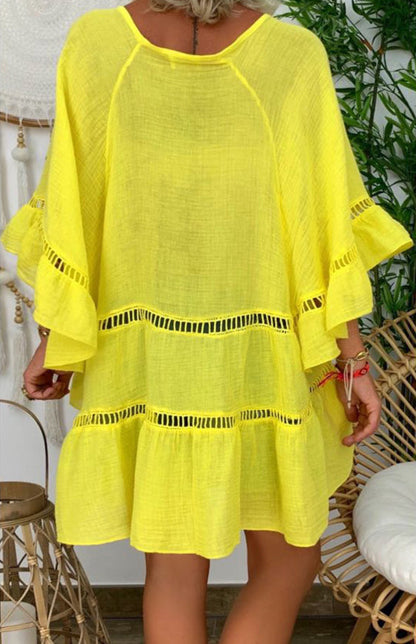 Blouses- Women's Vacation: Oversized Button-Down 3/4 Sleeves Cotton Shirt- - Pekosa Women Clothing
