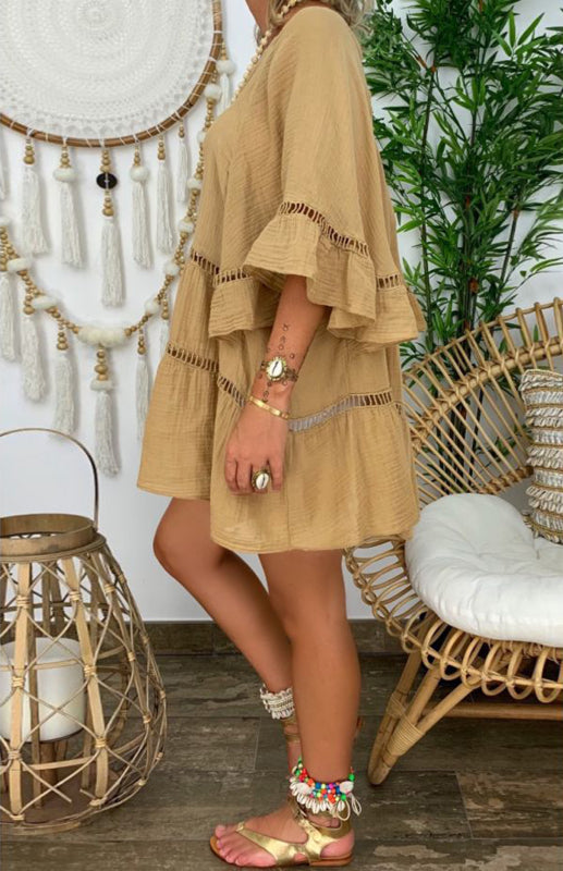 Blouses- Women's Vacation: Oversized Button-Down 3/4 Sleeves Cotton Shirt- - Pekosa Women Clothing
