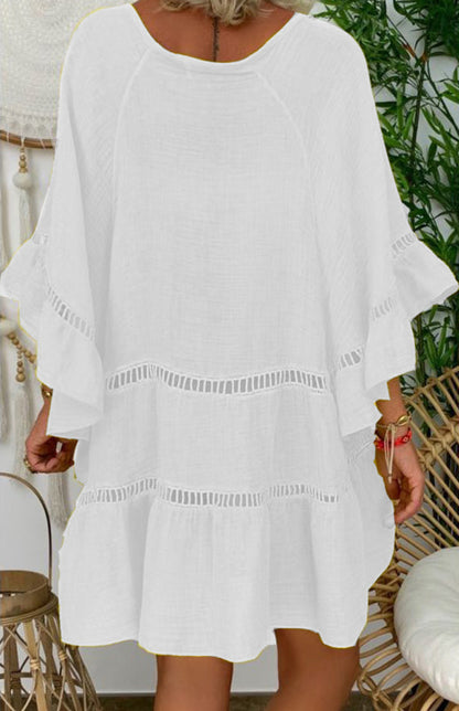 Blouses- Women's Vacation: Oversized Button-Down 3/4 Sleeves Cotton Shirt- - Pekosa Women Clothing