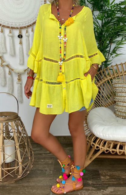 Blouses- Women's Vacation: Oversized Button-Down 3/4 Sleeves Cotton Shirt- - Pekosa Women Clothing