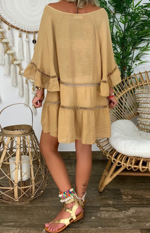 Blouses- Women's Vacation: Oversized Button-Down 3/4 Sleeves Cotton Shirt- - Pekosa Women Clothing