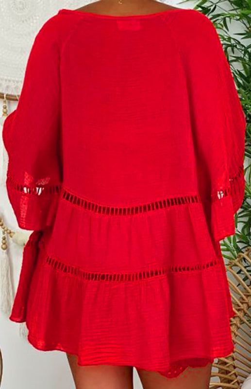 Blouses- Women's Vacation: Oversized Button-Down 3/4 Sleeves Cotton Shirt- - Pekosa Women Clothing
