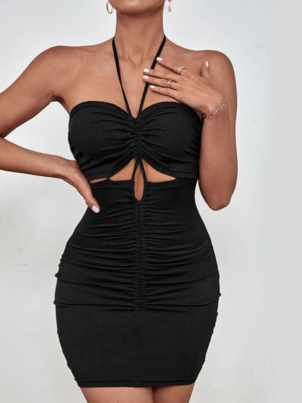 Bodycon Dresses- Backless Bodycon Mini Dress: Ruched Cut Out, Halter Neck - Shop Today!- - Pekosa Women Clothing