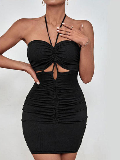 Bodycon Dresses- Backless Bodycon Mini Dress: Ruched Cut Out, Halter Neck - Shop Today!- - Pekosa Women Clothing
