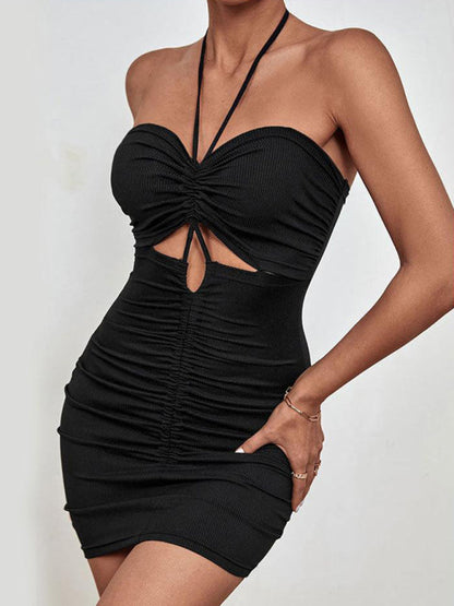 Bodycon Dresses- Backless Bodycon Mini Dress: Ruched Cut Out, Halter Neck - Shop Today!- - Pekosa Women Clothing