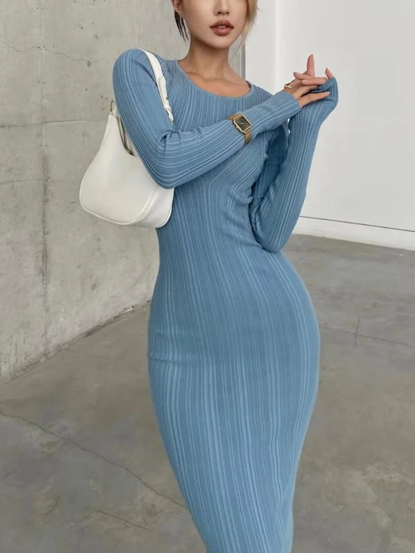 Bodycon Dresses- Body-Hugging Ribbed Midi Dress with Long Sleeves- Blue- Pekosa Women Clothing