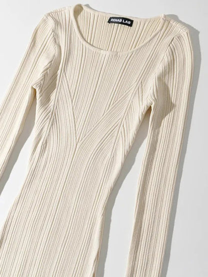 Bodycon Dresses- Body-Hugging Ribbed Midi Dress with Long Sleeves- - Pekosa Women Clothing