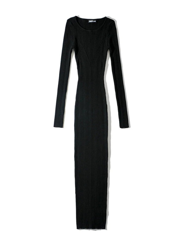 Bodycon Dresses- Body-Hugging Ribbed Midi Dress with Long Sleeves- Black- Pekosa Women Clothing