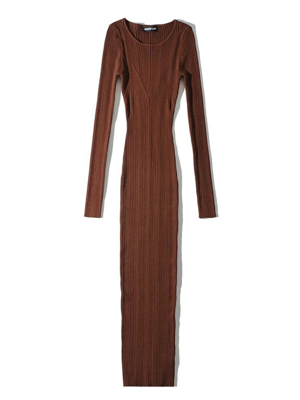 Bodycon Dresses- Body-Hugging Ribbed Midi Dress with Long Sleeves- Coffee- Pekosa Women Clothing