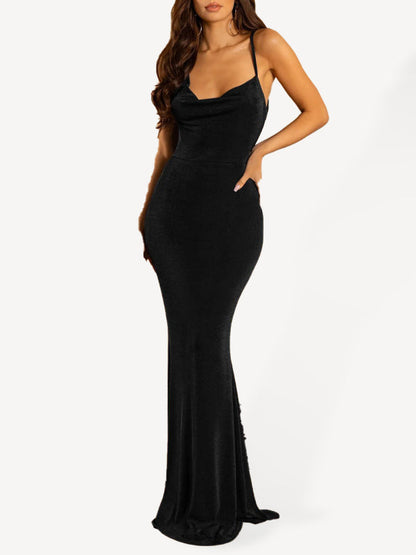 Bodycon Dresses- Elegant Solid Cowl Sleeveless Bodycon Mermaid Maxi Dress- Black- Pekosa Women Clothing