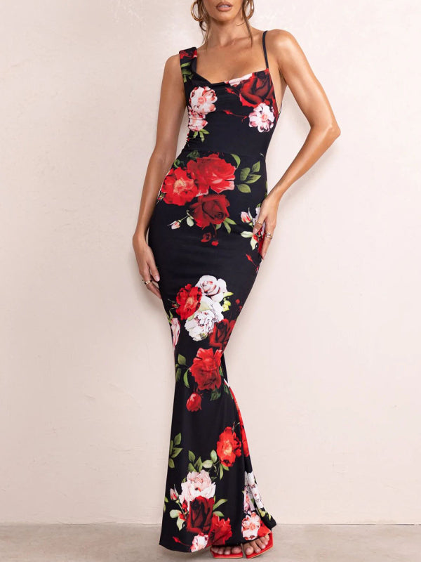 Bodycon Dresses- Elegant Solid Cowl Sleeveless Bodycon Mermaid Maxi Dress- Pattern- Pekosa Women Clothing