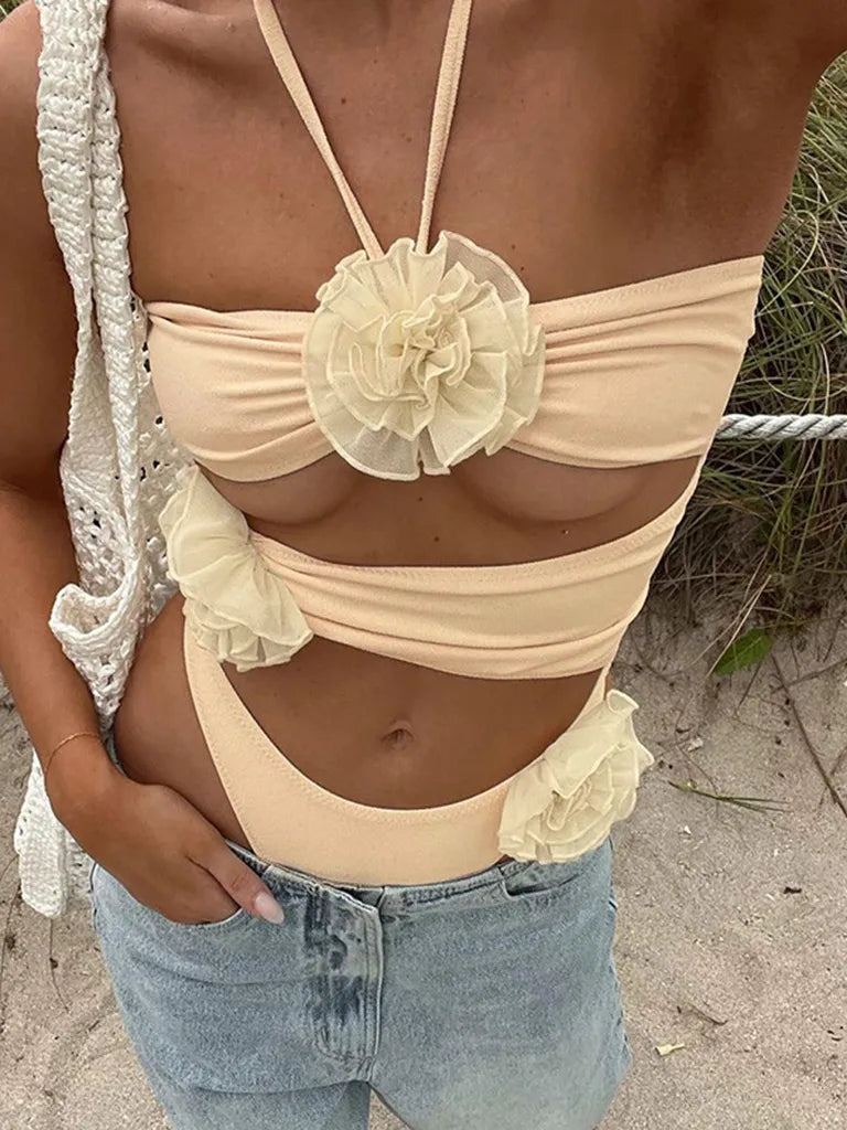 Bodysuits- Floral Applique Halter Neck Backless Bodysuit - Top with Cutouts- - Pekosa Women Clothing