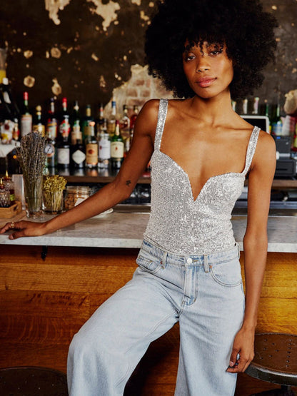 Bodysuits- Glamour Sparkly Sequin Plunge Camisole Bodysuit- - Pekosa Women Clothing