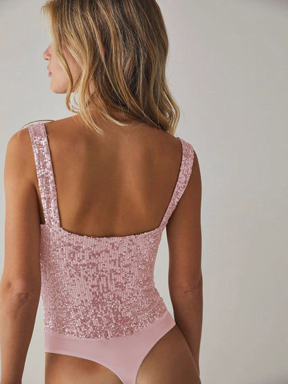 Bodysuits- Glamour Sparkly Sequin Plunge Camisole Bodysuit- - Pekosa Women Clothing