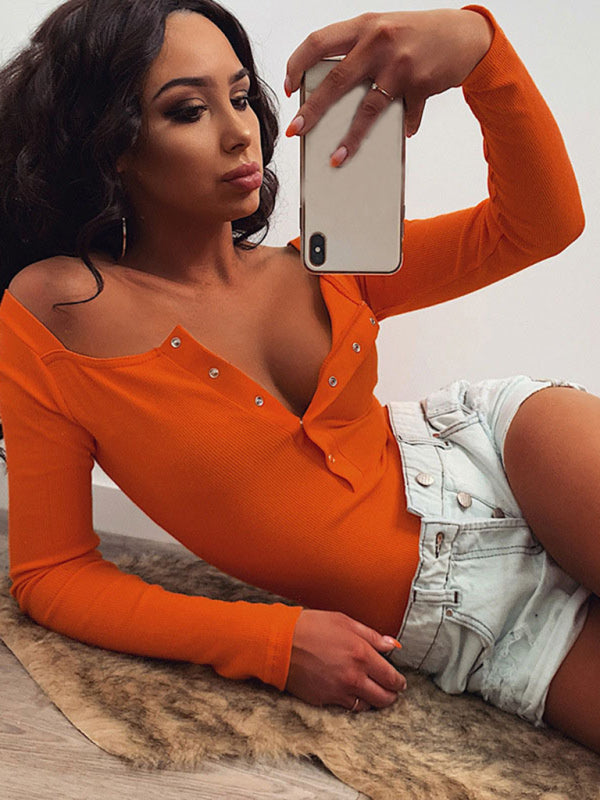 Bodysuits- Solid Ribbed Long Sleeve Tight Bodysuit with Half-Button Placket- - Pekosa Women Clothing