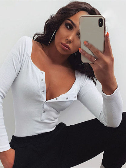 Bodysuits- Solid Ribbed Long Sleeve Tight Bodysuit with Half-Button Placket- - Pekosa Women Clothing