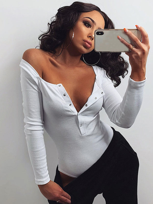 Bodysuits- Solid Ribbed Long Sleeve Tight Bodysuit with Half-Button Placket- - Pekosa Women Clothing