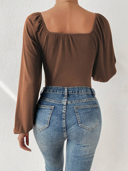 Bodysuits- Trendy Women's Bodysuit Blouse - Lantern Sleeves & Gathered Bust Top- - Pekosa Women Clothing