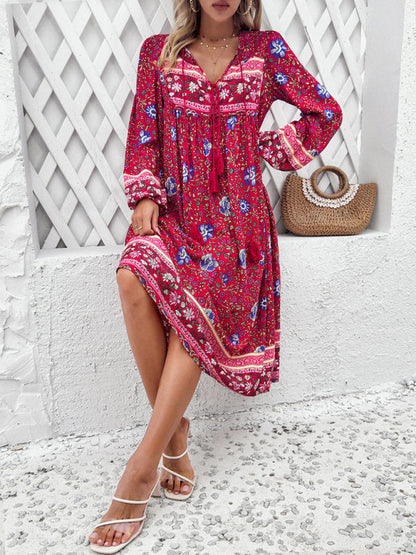Boho Dresses- Boho Floral V-Neck Tunic Midi Dress with Lantern Sleeves- - Pekosa Women Fashion