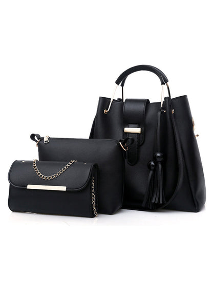 Bucket Bags- Faux Leather 3-Piece Handbags - Bucket Bag, Messenger, and Clutch- Black- Pekosa Women Clothing