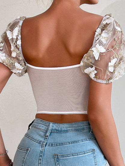 Bustier Blouse- Butterfly Embroidered Mesh Puff Sleeve Top - Underwire and Lace-Up Blouse- - Pekosa Women Clothing
