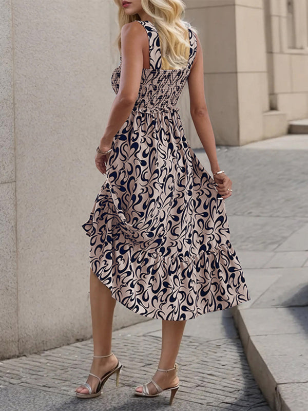 Cami Dresses- A-Line Cami Midi Dress in Geo Print with Smocked Bodice- - Pekosa Women Clothing