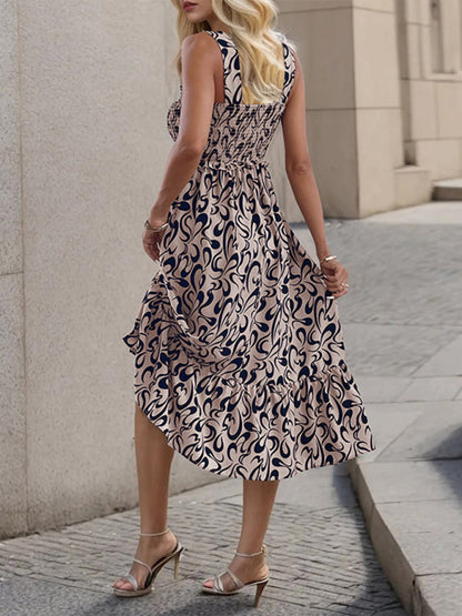 Cami Dresses- A-Line Cami Midi Dress in Geo Print with Smocked Bodice- - Pekosa Women Clothing