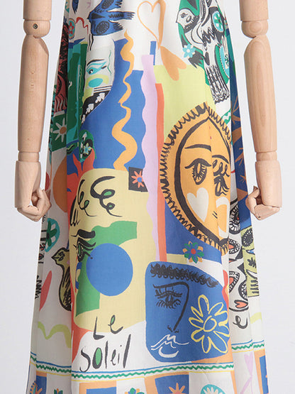 Cami Dresses- Cotton Blend Graffiti Print Long Cami Dress- - Pekosa Women Clothing