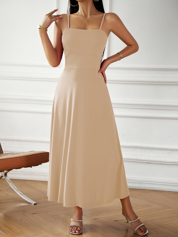 Cami Dresses- Solid Elegant A-Line Open Back Cami Long Dress- - Pekosa Women Clothing