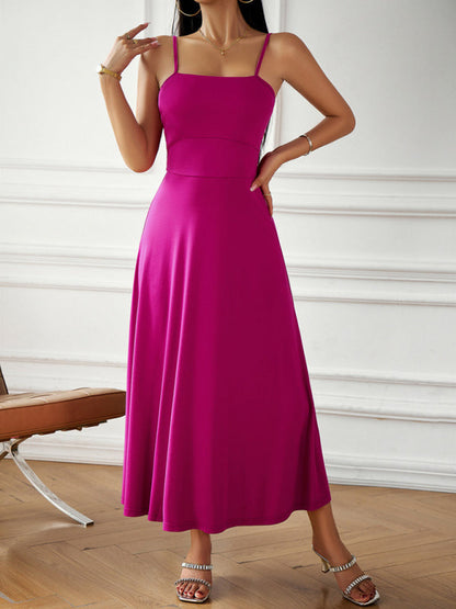 Cami Dresses- Solid Elegant A-Line Open Back Cami Long Dress- - Pekosa Women Clothing